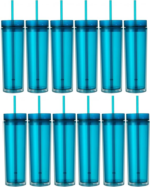 Set of 12 Double Wall Skinny Acrylic Tumblers 16 Oz, with Straws (Aqua)