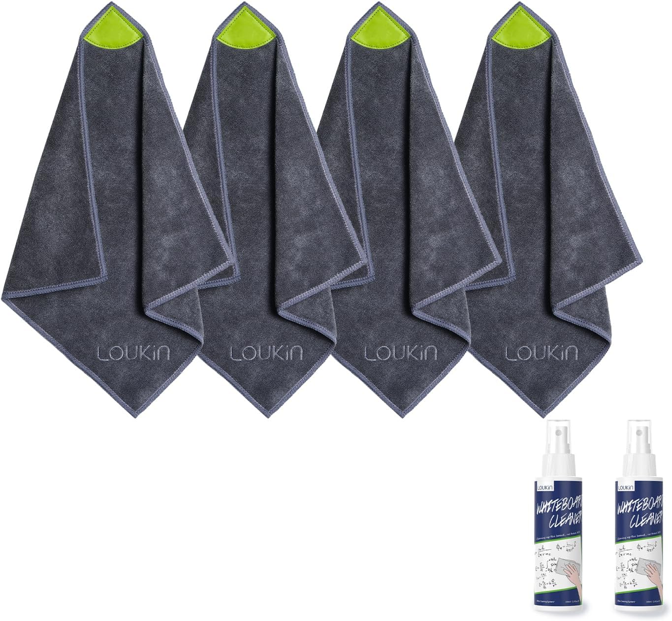 loukin 4 Pack Magnetic Cleaning Cloth, Microfiber Dry Erase Eraser, Washable Whiteboard Cleaning Cloth for Classroom, Home and Office, Gray, 12 x 12 - 3.4 fl oz Whiteboard Cleaner x 2 Included