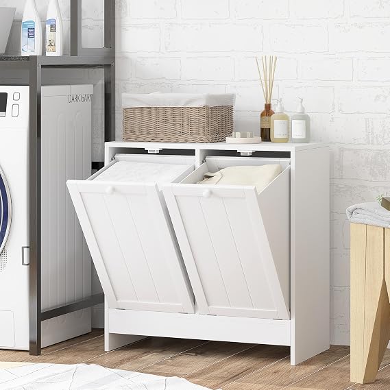 kleankin Double Tilt Out Laundry Hamper Cabinet with Storage 2 Doors White | 19 Gallon Hidden Trash Can Cabinet, for Bathroom, Kitchen