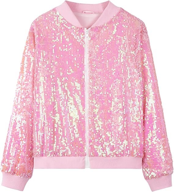 Happy Cherry Girls Metallic Sequin Jacket Kids Glitter Long Sleeves Bomber Coat with Pockets Zipper Shiny Outwear Clothes