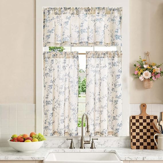 jinchan Blue Linen Floral Kitchen Tier Curtains and Valance Set 3 Pieces