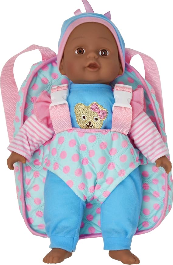 Dolls To Play - Baby Doll with Take Along Blue and Pink Doll Carrier, Pocket Fits Doll Accessories and Clothing African American 13 Inch