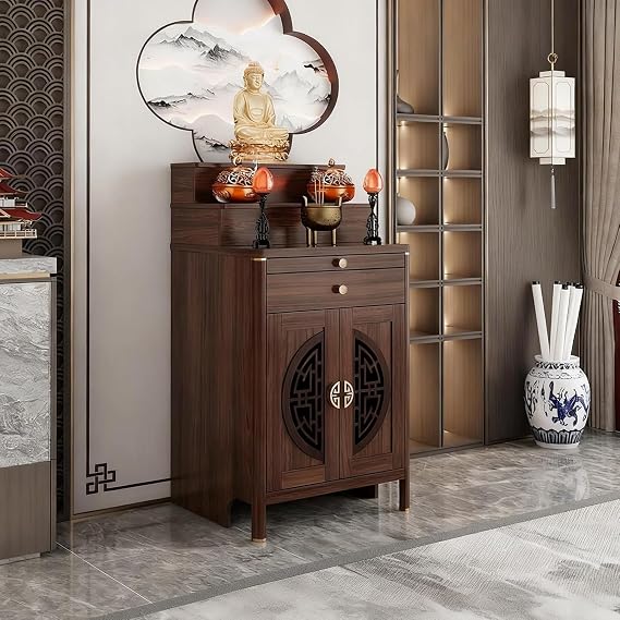 Solid Wood Personal Shrine Altar Table, Buddhist Altar De Muertos De Madera Shrine, Chinese Offering Table with Storage, Buddha Niche for Living Room, Home (27.2 * 23.6 * 50in)