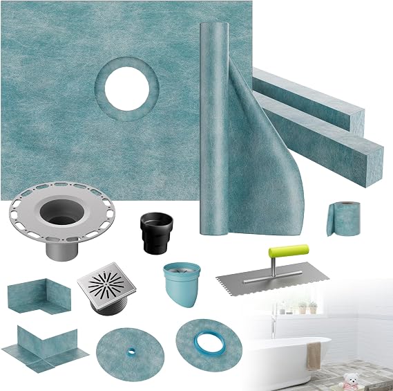 Shower Curb Kit - 48" x 60" Shower Tray with 4" PVC Center Flange, includes 4" Central Drain, 2 Cuttable Shower Curbs, Waterproofing Membrane, Seals,Bonding Flange, Corners & Trowel