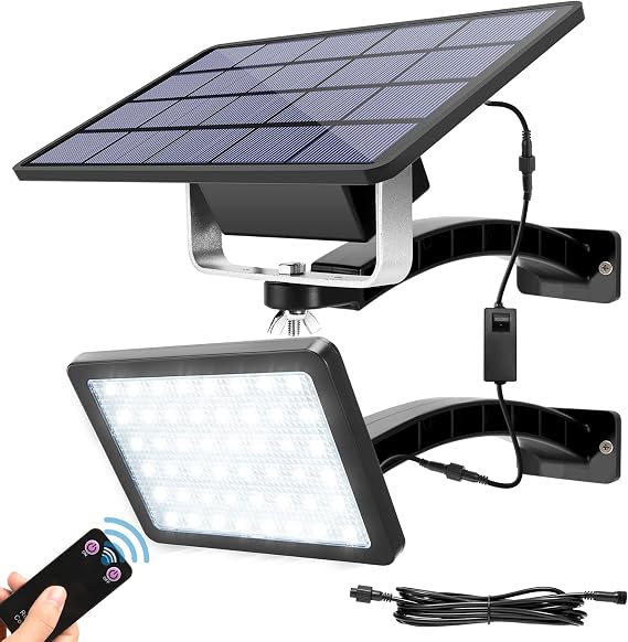 JACKYLED 1000 Lumen 48 LED Solar Dusk to Dawn Light Outdoor with Remote Control Solar Panel Light Kit with 5500mAh Battery and 9.8ft Cord, Solar Security Light for Wall Porch Barn Patio Garage, Black