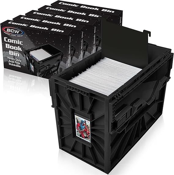 BCW Short Comic Book Bin | Holds 150 Comics | Stackable Plastic Storage | Acid-Free Organizer | Black, 5 Pack