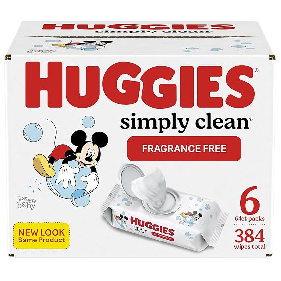 HUGGIES Simply Clean Fragrance-free Baby Wipes, Soft Pack (6 Pack, 384 Sheets Total), Alcohol-Free, Hypoallergenic (Packaging May Vary), 6.700 Lb