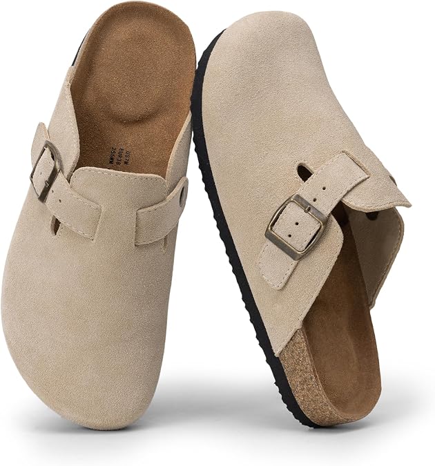 Suede Clogs for Women Genuine Leather Slip On Mules Cork Footbed Sandals with Arch Support Potato Shoes