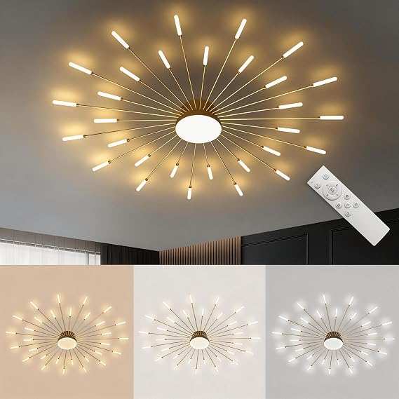 LightInTheBox Modern LED Ceiling Light Fixture - 30-Heads Sputnik Firework Design, Flush Mount Linear Lighting with Stepless Dimming for Living Room & Dining Room (Gold)