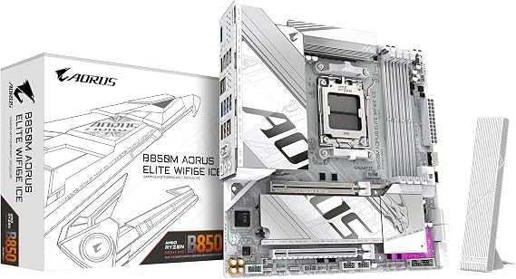 GIGABYTE B850M AORUS Elite WIFI6E ICE Motherboard- AMD Ryzen 9000 Series CPUs, 12+2+1 Phases Digital VRM, up to 8200MHz DDR5 (OC), 1xPCIe 5.0 + 1xPCIe 4.0 M.2, 2.5LAN, WiFi 7, USB 3.2 Gen 2
