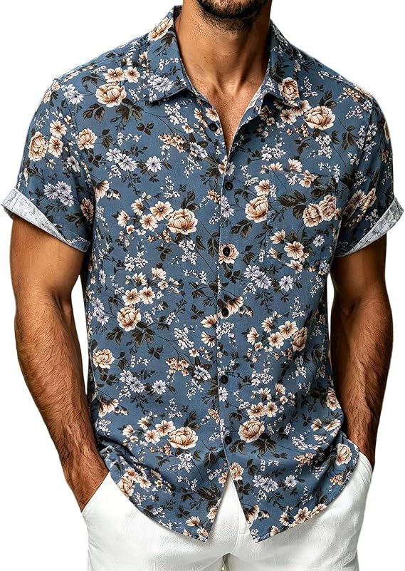 Mens Shirts Regular Fit Classic Short Sleeve Casual Floral Hawaiian Shirt Button Down Tropical Summer Beach Holiday Tops Festival Aloha Top Regular Fit Cotton Retro Bowling Tshirts T-Shirt