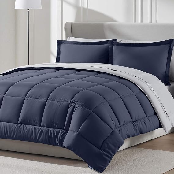 Nestl 7 Piece Queen Comforter Set Navy Reversible Bed in a Bag Complete Queen Size Bedding Set with Sheets, Pillowcases and Shams