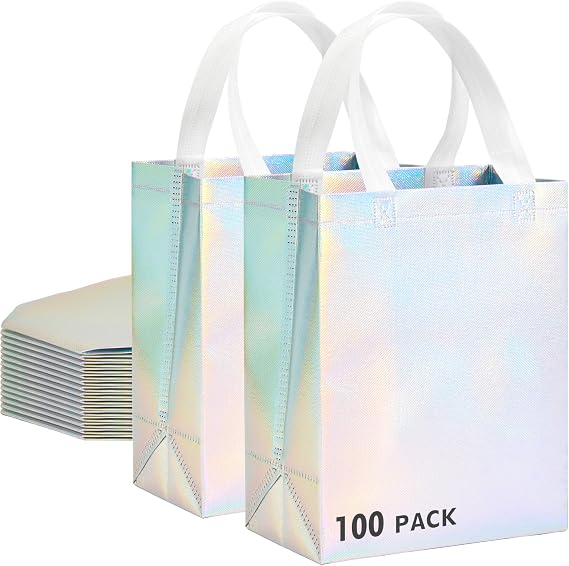 100 Pcs Iridescent Glossy Gift Bags Medium Size, 8x4x10 In Holographic Reusable Gift Bags with Handles & Sturdy Base, Ideal for Birthday, Wedding, Bachelorette, Party Favors, Holiday Goodie Bag