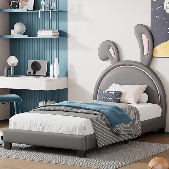 Leather Upholstered Platform Bed with Rabbit Ears Headboard, Twin Size PU Leather Kids Platform Bed Frame with Sturdy Slatted Support for Kids Boys Girls Bedroom (Gray-T)