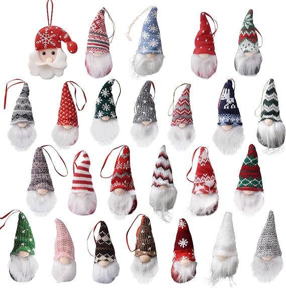 Garden Gnomes Ornaments Set of 24 Handmade baubles Plush Gonks with Long Beards Mini Baubles Mini Figures Light up Gonks for Nordic Santa Elf Figurines for Tree decorations Fireplace Holiday
