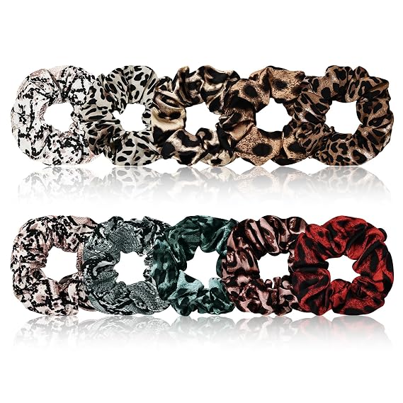 10-Piece Animal Print Satin Hair Scrunchies for Women Multi Pattern