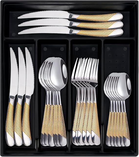 24-Piece Silverware Set with Organizer, Stainless Steel Flatware for 6, Cutlery Utensil Sets with Antiskid Handle, Rust-Proof Stainless Steel Cutlery, Mirror Polished(Gold-Silver)