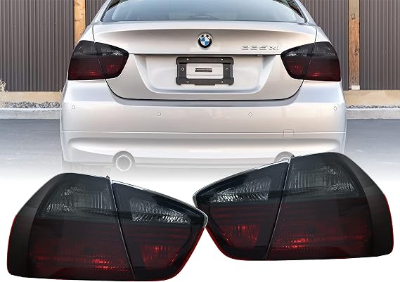 USR DEPO E90 Blackline Tail Lights - Red/Smoke Rear Tail Lamps Set (Left + Right, Inner + Outer) Compatible with 2006-2008 BMW 3 Series 4D 4 Doors Sedan Pre-LCI E90 Chassis (Smoked Black Line Style)