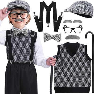 Kids 100 Days of School Dress Up Costume for Boys, Old Man Costume for Kids 5 6 7 8, Old Person Costume for Kid, 9 PCS Grandpa Dress Up Accessories with Hat, Glasses, Mustache, Cane