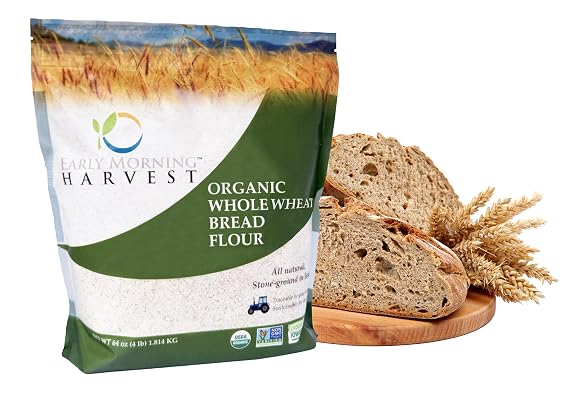 Early Morning Harvest Organic Whole Wheat Bread Flour-64 Ounce (4 lbs) | Non-GMO Whole Wheat, Stone Ground, Whole Grain, Resealable Bag, 1-Year Shelf Life