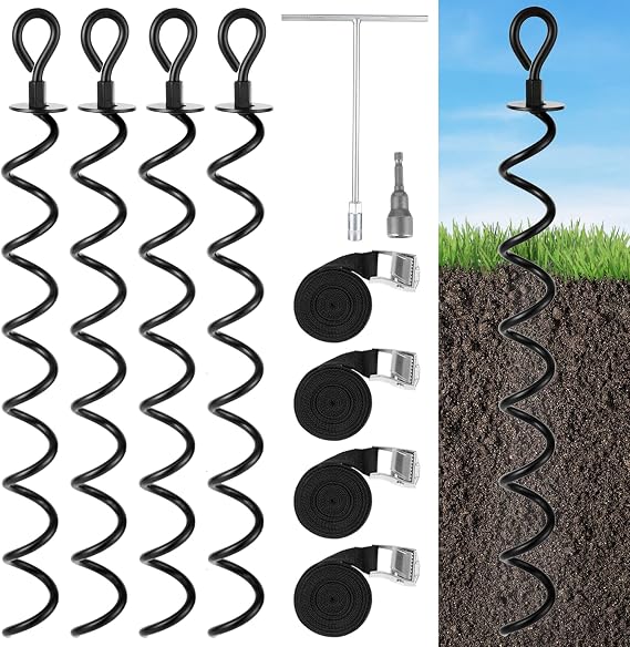 22.4 Inch Ground Anchor Screw in,4 Pack Trampoline Stakes Anchor Kit,Heavy Duty Spiral Windproof Tie Down Kit with T-Hook&Reinforced Safety Straps for Trampolines, Sheds, Playsets&Tents,Black