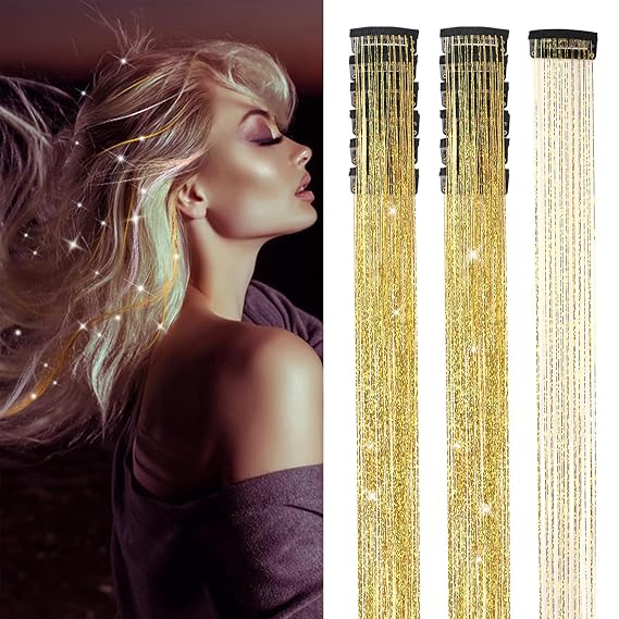ZRQ 12 Pcs Gold Hair Tinsel Clip in Fairy Glitter Tinsel Hair Extensions