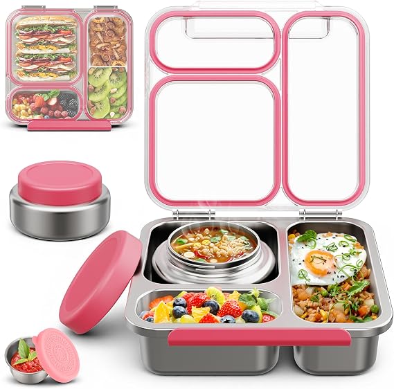 Stainless Steel Bento Box Kids Adult with 7oz Soup Thermo, Transparent Lid 3 Compartments Metal Bento Lunch Box with Insulated Food Jar,Lunch Box Container Sauce Cup for School,BPA-Free (Pink)