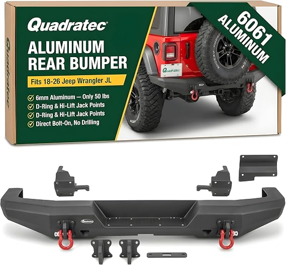 Quadratec Brute Strength Aluminum Rear Bumper - Fits Jeep Wrangler JL 2018-2022 - Lightweight Heavy Duty Design - Integrated License Plate Mount - Tow Hitch and D-Ring Compatible - Tapered Ends