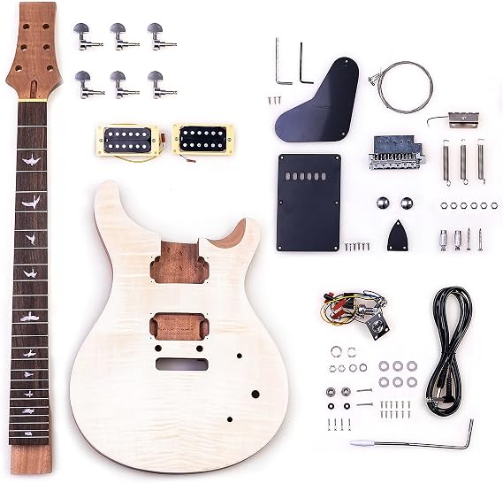PRS Style DIY Solid-Body Electric Guitar Kits,Mahogany Neck and Rosewood Fingerboard, H-H Pickup Configuration, Natural with Tiger Stripes