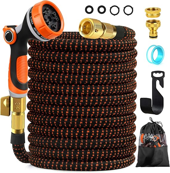 100FT Expandable Garden Hose Pipe, Flexible Hosepipe for Lawn Expanding Retractable with 10 Function Spray Gun Nozzle, Magic Water Hose Attachments 3/4"& 1/2" Solid Brass Connectors, Anti-Kink