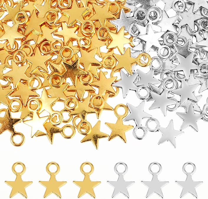 200Pcs Mini Star Charms Pendants, Star Shape Charms Pentagram Gold Silver Alloy Pendants Necklace Earring Jewelry Making Craft Accessories for DIY Keychain Jewelry Decorative Supplies