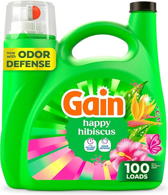 Gain Liquid Laundry Detergent, With Odor Defense, Happy Hibiscus Scent, Laundry Soap For HE Washing Machines, 132 fl oz, 100 Loads (Packaging May Vary)