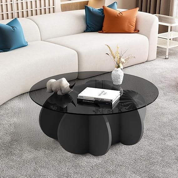 Round Coffee Table Modern Glass Coffee Table with Solid Wood Legs, 31.5'' Round Wood Center Coffee Table for Living Room, Rustic Circle
