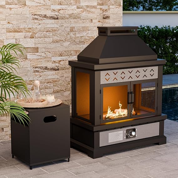 35'' Smokeless Propane Fireplace with Tank Storage, Black/Beige