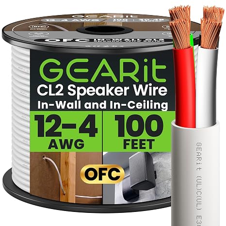 GEARit in Wall Speaker Wire,OFC Speaker Wire 12 Gauge 100FT UL CL2 Rated | 12 Gauge 12/4 Speaker Wire with Foot Markers,Polarity Marked for In-Wall Home Theater,Car Stereo,Commercial Audio(OFC,White)