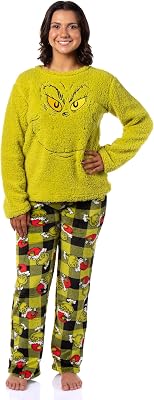 The Grinch Pajama Set Dr. Seuss Womens The Grinch Santa Fleece Buffalo Plaid Sleep Pajama 2 Piece Set Lounge