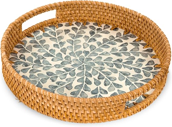 KOLWOVEN Round Rattan Tray with Handle, Rattan Serving Tray with Mother of Pearl Inlay Wooden Base (White- Black Leaves)