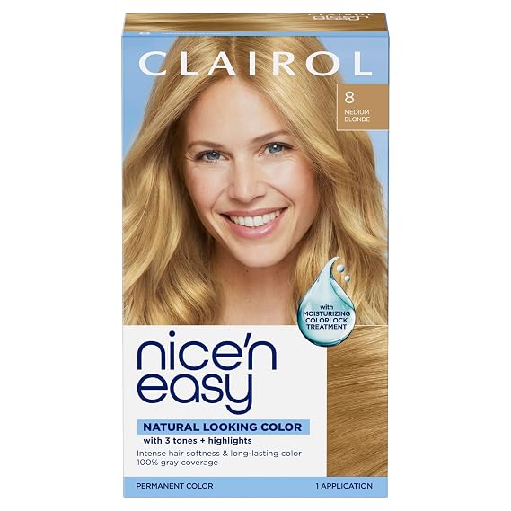 Clairol Nice'n Easy Permanent Hair Dye, 8 Medium Blonde | 100% Gray Coverage | LongLasting, NaturalLooking Color & Shine | Pack of 1