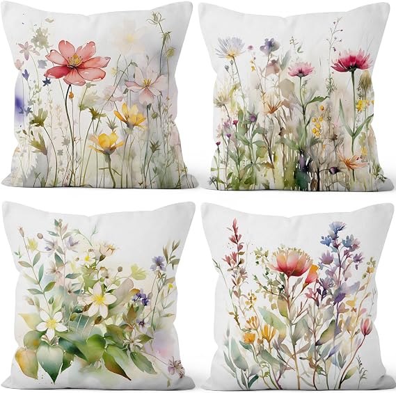 Spring Flowers Throw Pillow Covers, Floral Plant Modern Decorative Throw Pillow Case, 4-Pack Double-Side Printed Pillowcases for Sofa and Living Room, 18x18 in