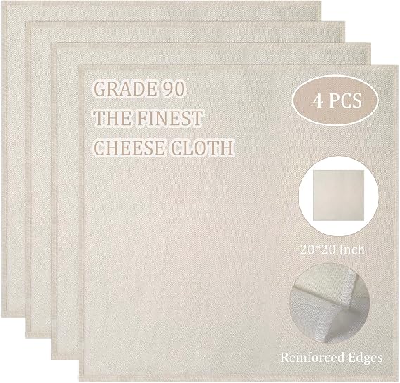 Cheesecloth, Precut 20x20Inch, Grade 90 Hemmed Cheese Cloths for Cooking Reusable and Washable, 100% Unbleached Pure Cotton Muslin Cloths for Straining Butter, Cheese, Nut Milk (4 Pieces)