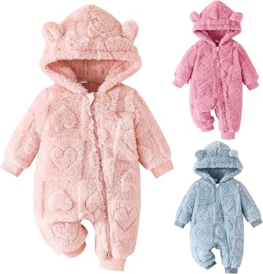 Winmany Newborn Baby Cartoon Bear Snowsuit Winter Fleece Coat Outfits Cold Weather Hooded Heart Jumpsuit Warm Outwear