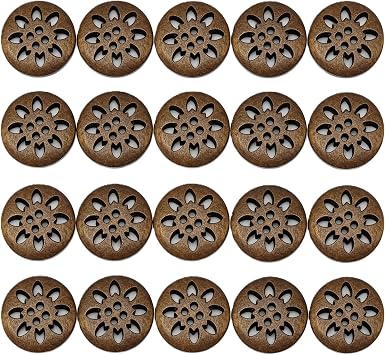 20 Pcs Brown Snowflake Carved 4 Holes Wood Button Wooden Sewing Buttons for DIY Craft Wood Buttons Fasteners Sewing Notions and Supplies