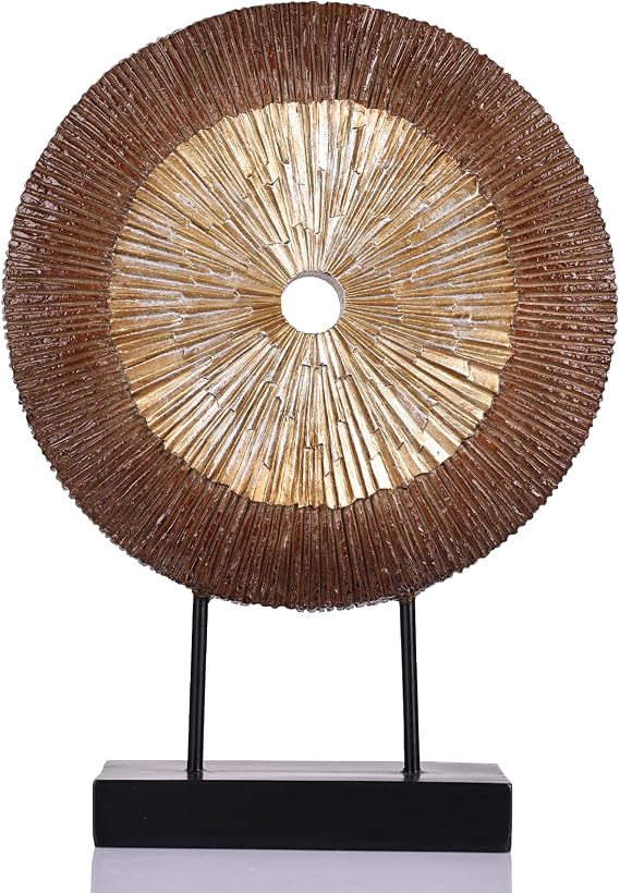 12" Tall Abstract Brown Gold Round Sculpture - Unique Wood Color Home Decoration for Above Cupboard Decor, Living Room Coffee Table, Console, Office, Entrance, Table Centerpieces (Brown Gold)