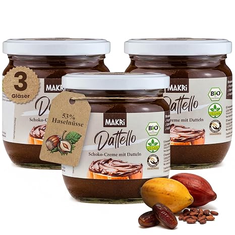 Dattello Hazelnut Cream Organic Chocolate Hazelnut Spread with Dates Chocolate Cream Without Refined Sugar Vegan & Creamy Makri Chocolate Spread 400 g (3 Glasses)