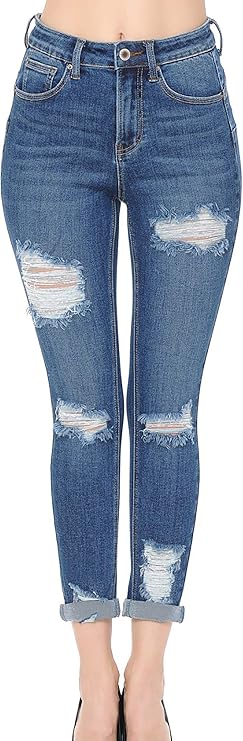 WAX JEAN Women's 'Butt I Love You' Push-Up High Rise Destructed Capri Jeans in Heritage Denim Fabric