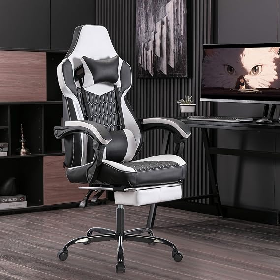 Black White Gaming Chairs with Footrest, PVC Leather Video Game Chair for Adults, Ergonomic Gaming Chair with Headrest & Lumbar Support, Reclining Gamer Chairs with Adjustable Backrest (Black White)