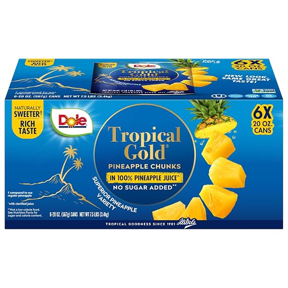 Dole Tropical Gold Pineapple Chunks, 20 Oz, 6 Count | Canned Fruit, in 100% Pineapple Juice, Gluten Free, Pantry Staples, No Sugar Added