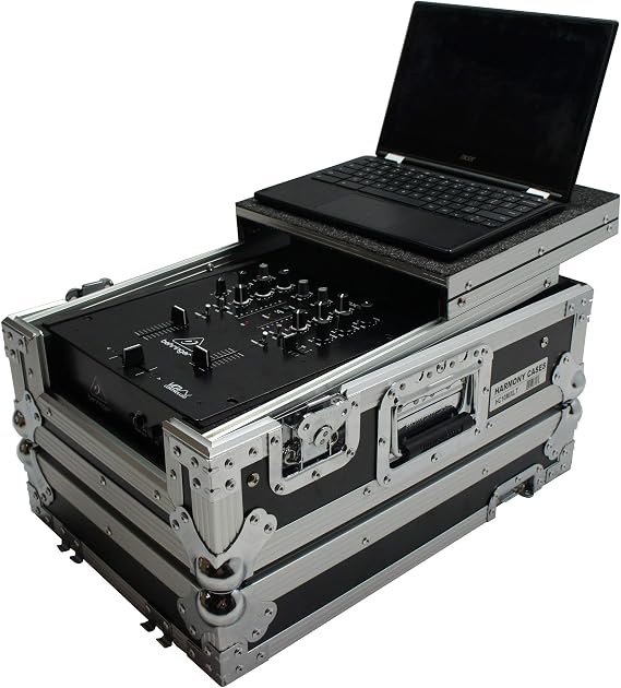 Flight Case Fits Behringer VMX100USB 10 Inch Mixer with Laptop Stand | Sturdy build for DJ gigs and road touring, butterfly latches, foam interior