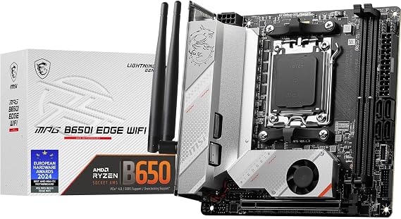 MSI MPG B650I EDGE WIFI Motherboard, Mini-ITX - Supports AMD Ryzen 9000 Series CPUs, AM5-8 phases direct CPU power 80A VRM, DDR5 Memory Boost 6600+MHz/OC, 1 x PCIe 4.0 x16, 2 x M.2 Gen4, Wi-Fi 6E