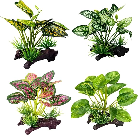 4Pcs Reptile Accessories, Vivarium Decoration with Three Artificial Plants, Enhance Reptile Habitat Environment, Three-Pronged Leaves in Yellow Red White Colours